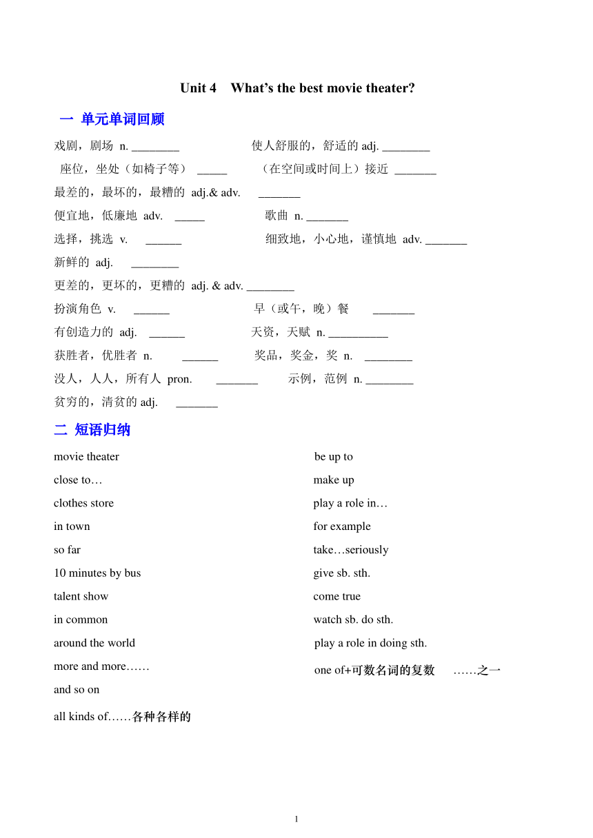 Unit 4 What's the best movie theater? 知识清单 （无答案）