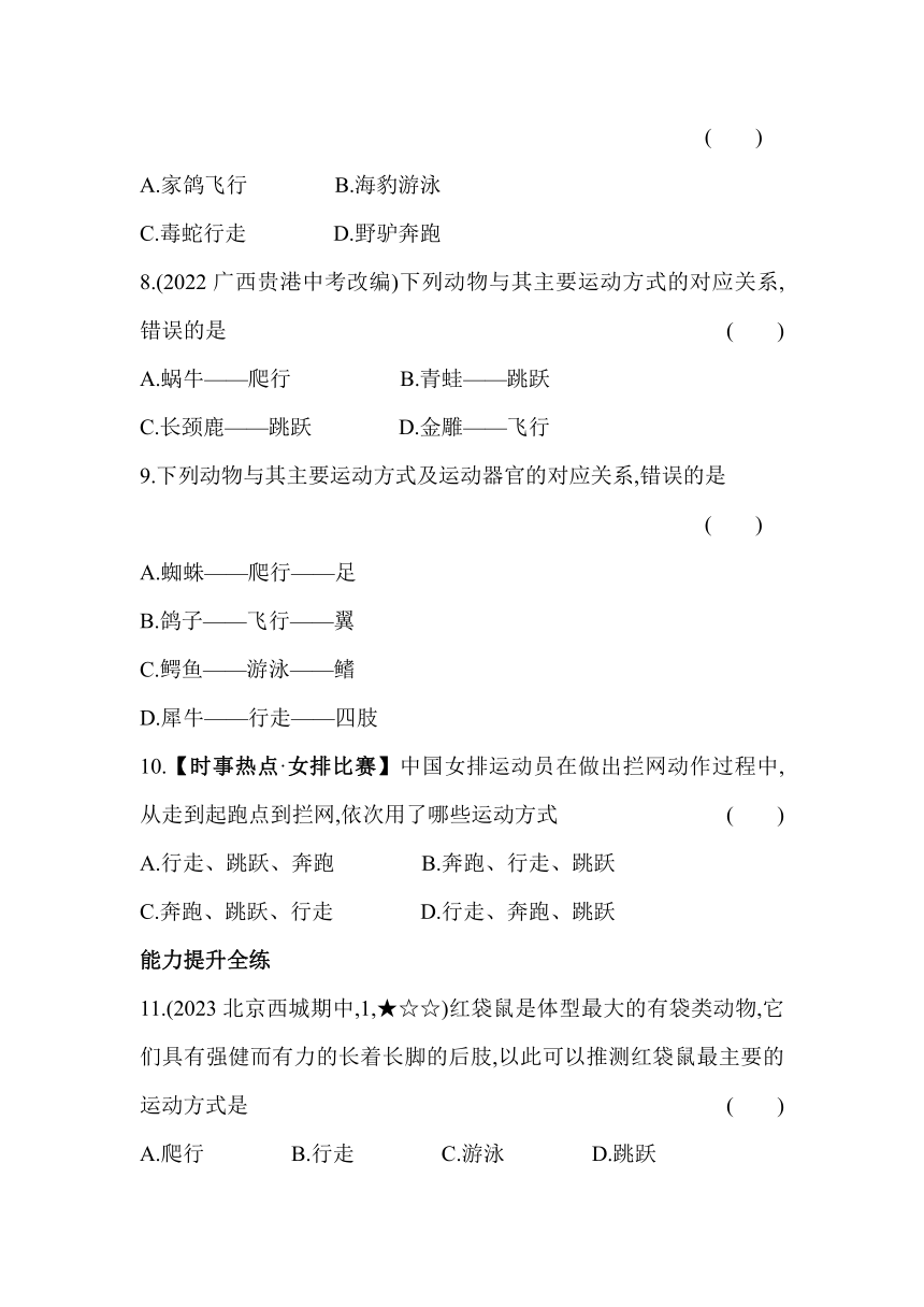 9.1.1动物的运动形式素养提升练（含解析）北京版生物八年级上册