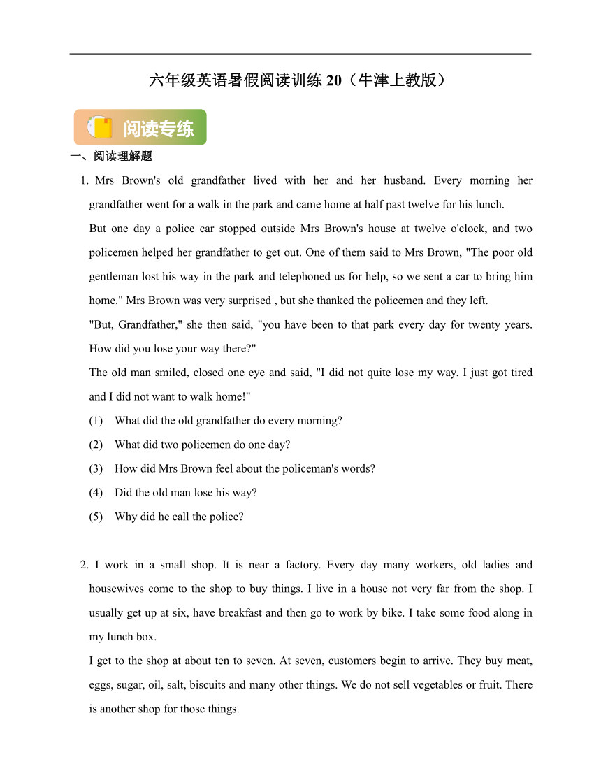 牛津上海版六年级英语暑假阅读训练20（含答案）