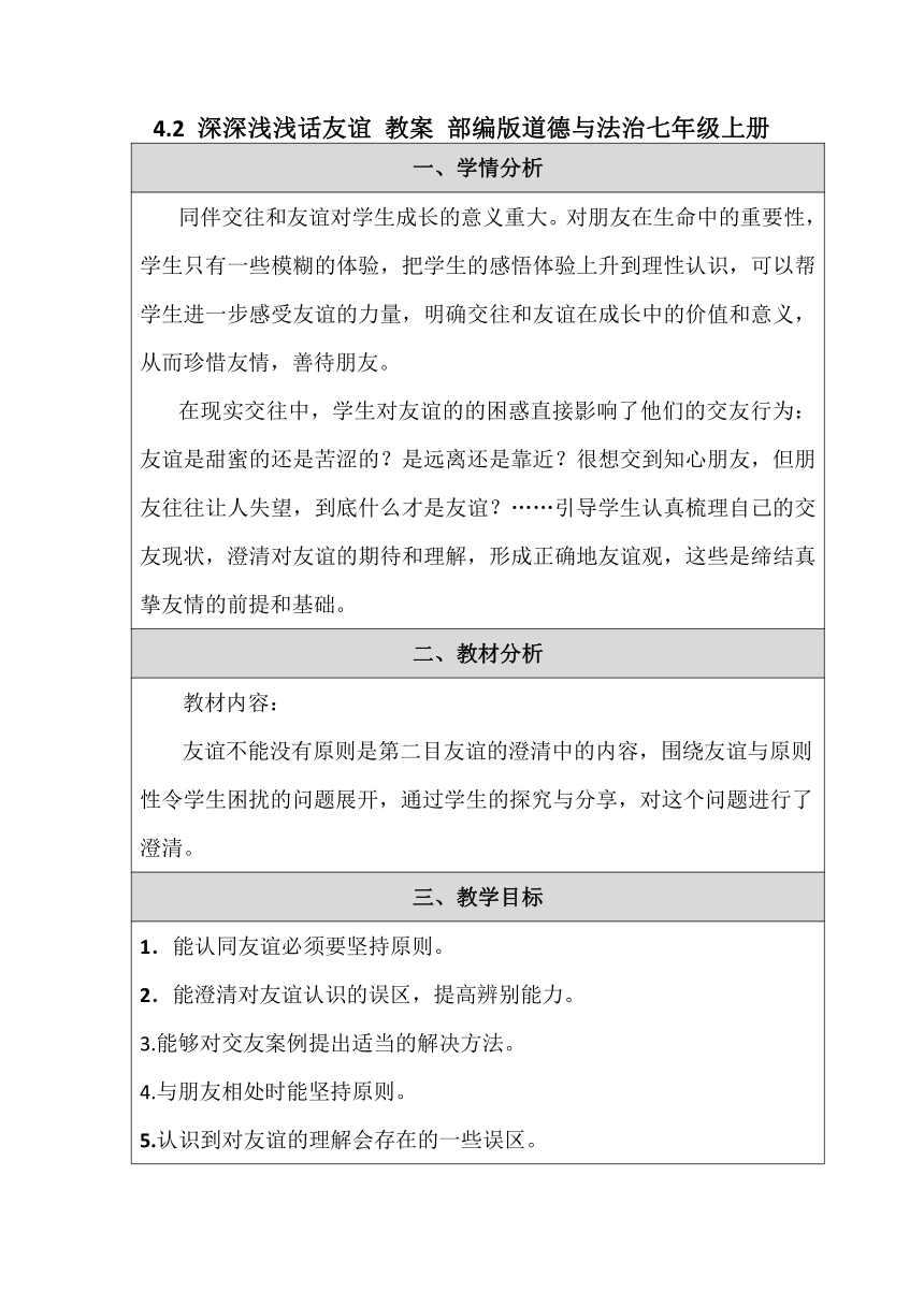 4.2 深深浅浅话友谊 表格式教案