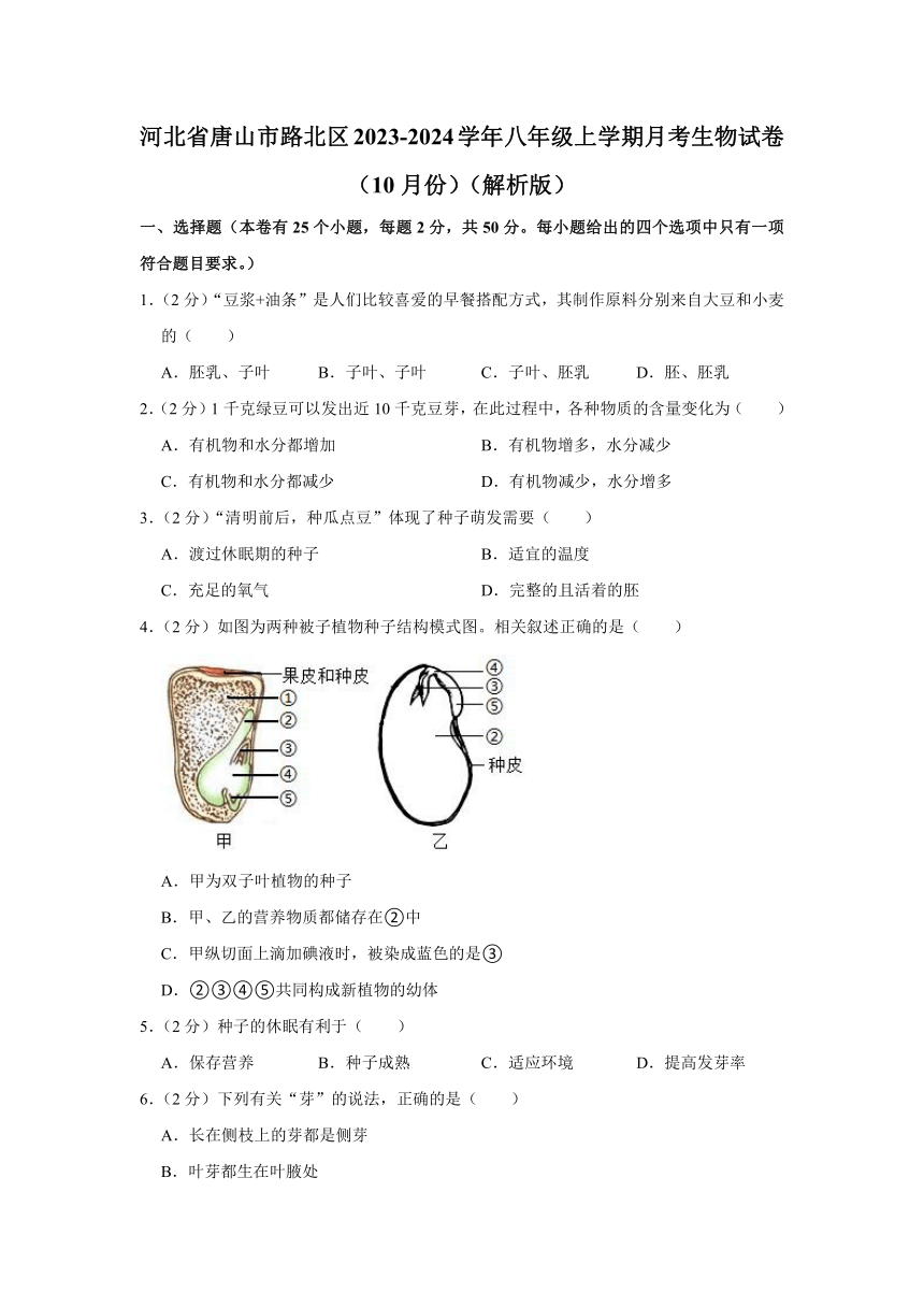 河北省唐山市路北区2023-2024学年八年级上学期10月份月考生物试卷（word版+解析版）