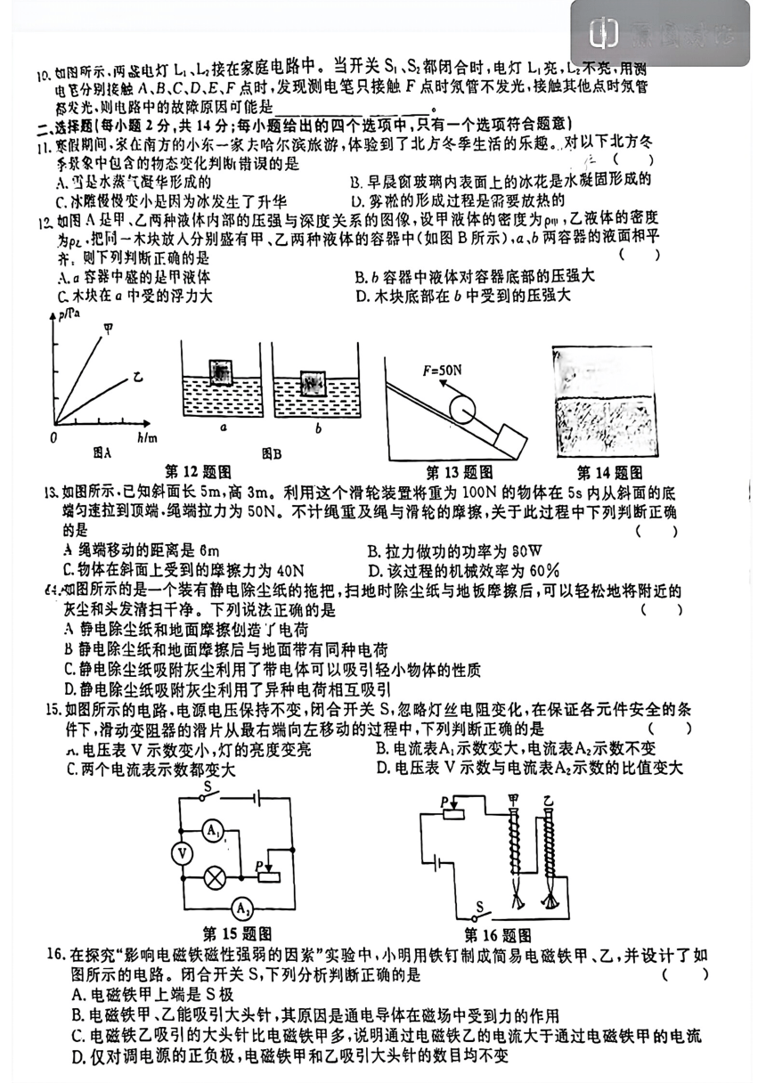 2024年安徽省阜阳市重点中学中考模拟(一模)物理卷（PDF版  无答案）
