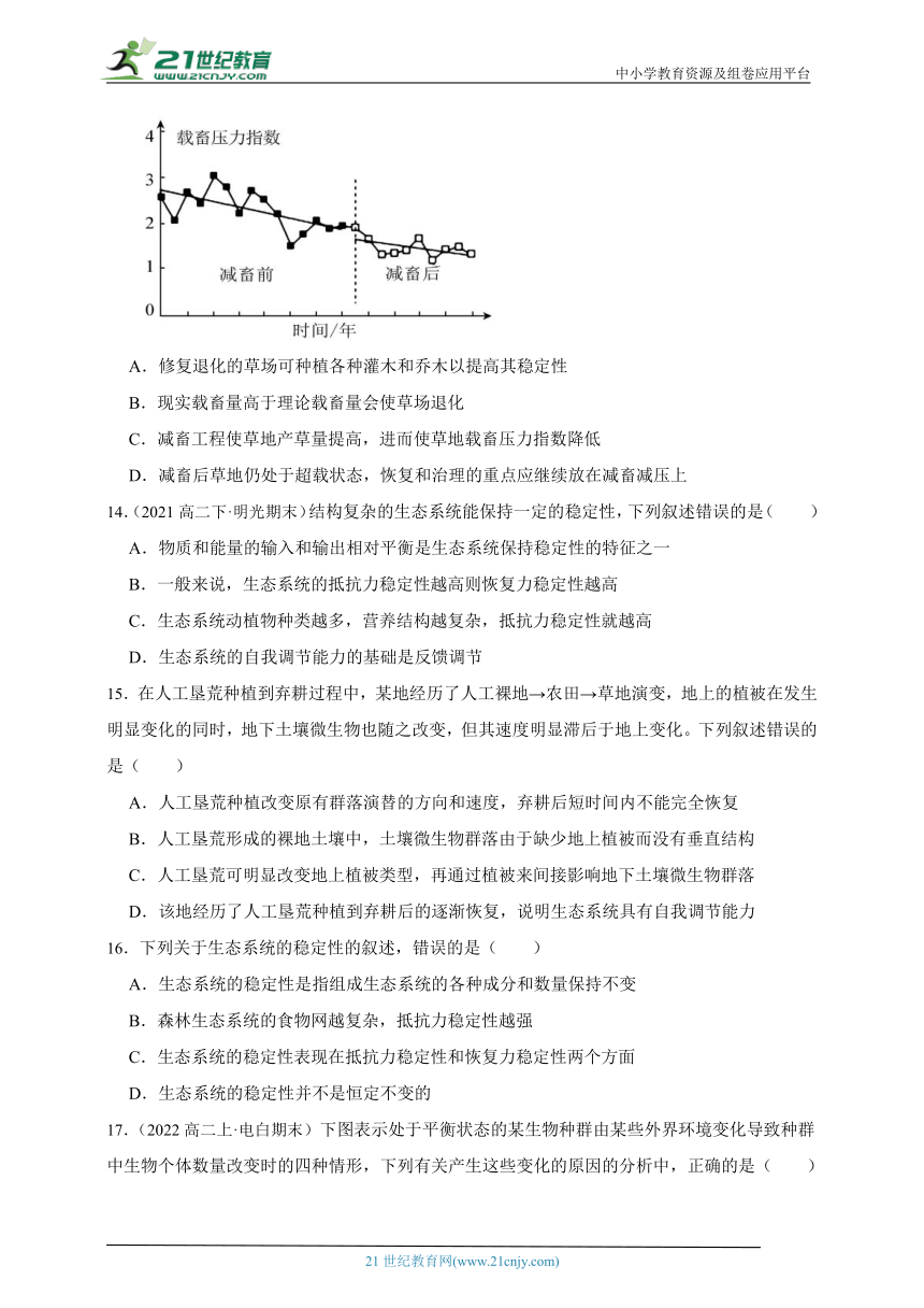 人教版（2019）高中生物选修2生物与环境3.5生态系统的稳定性章节综合必刷题（含解析）