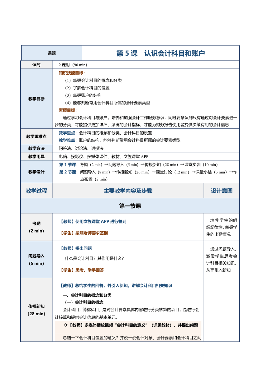 第5课 认识会计科目和账户 教案（表格式）《会计基础》（江苏大学出版社）