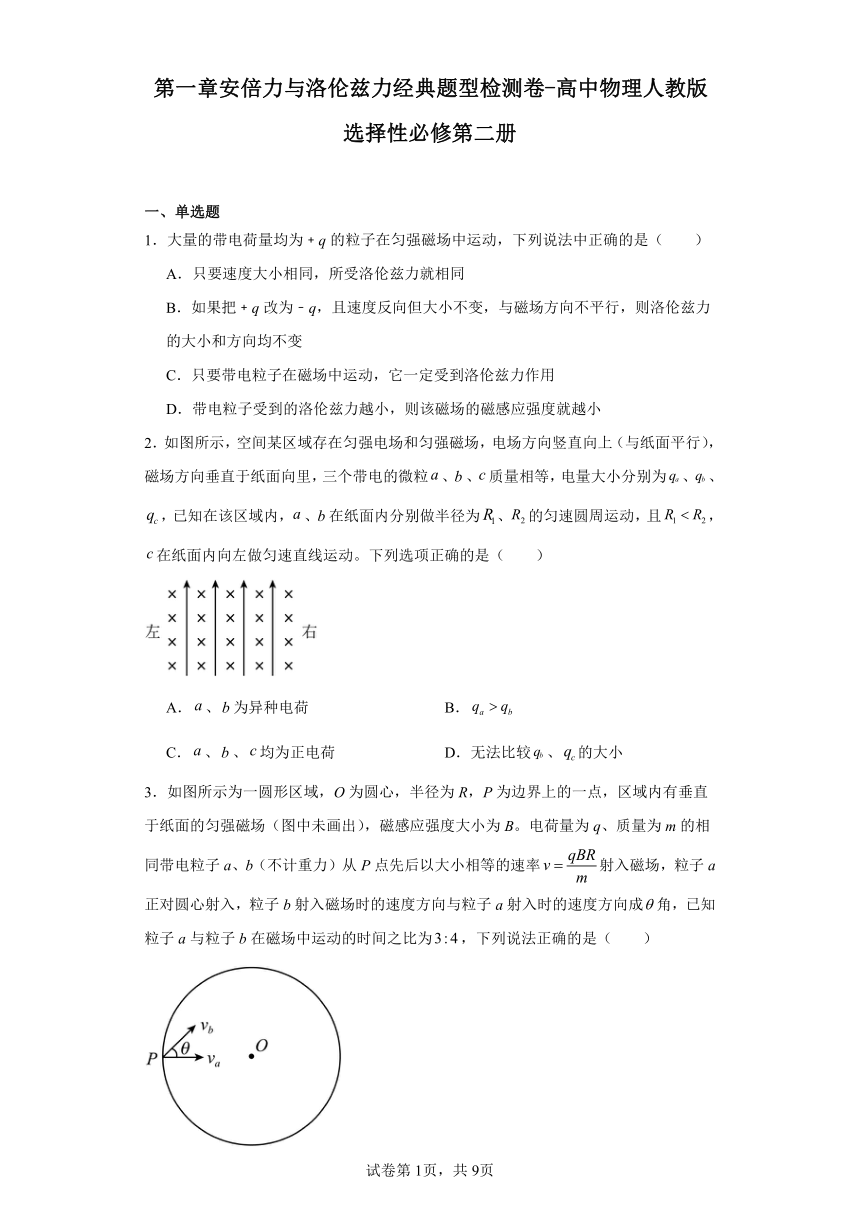 第一章 安培力与洛伦兹力经典题型检测卷-高中物理人教版选择性必修第二册（含答案）