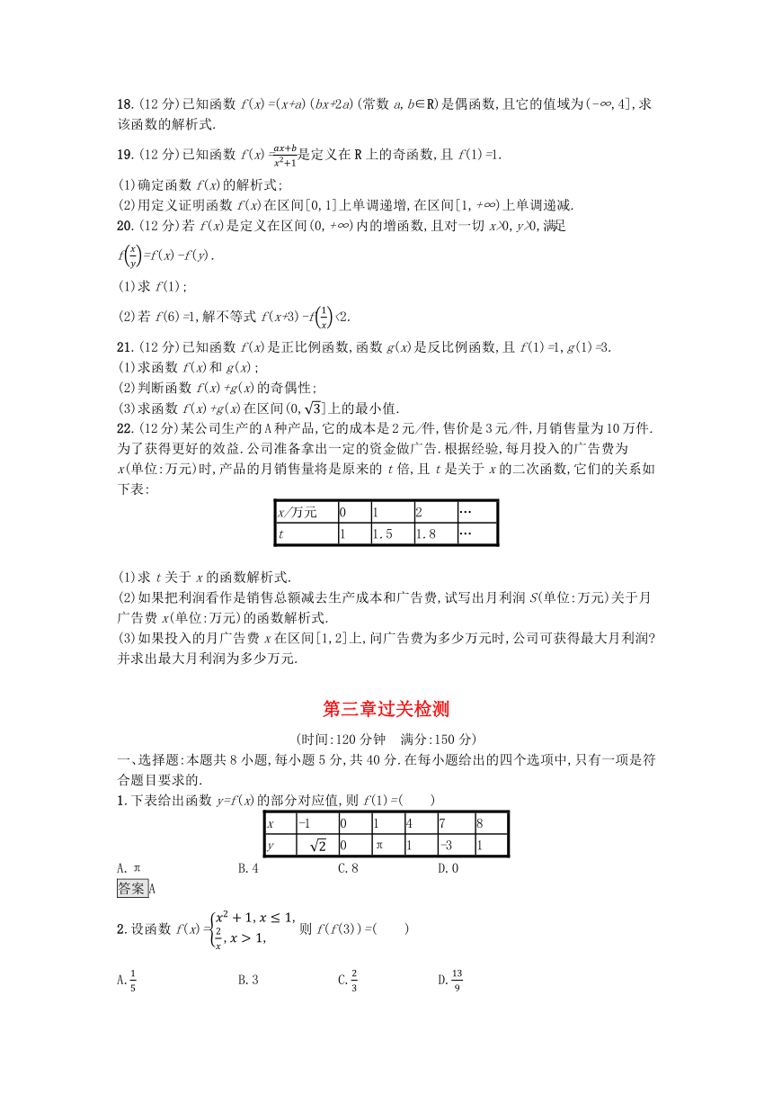 新人教A版必修第一册高中数学 第3章 函数的概念与性质 过关检测（含答案）