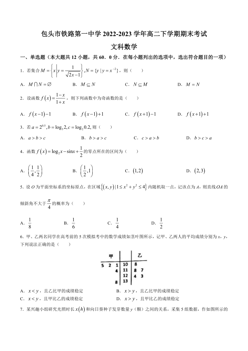 内蒙古包头市铁路第一中学2022-2023学年高二下学期期末考试数学（文）试题（含答案）