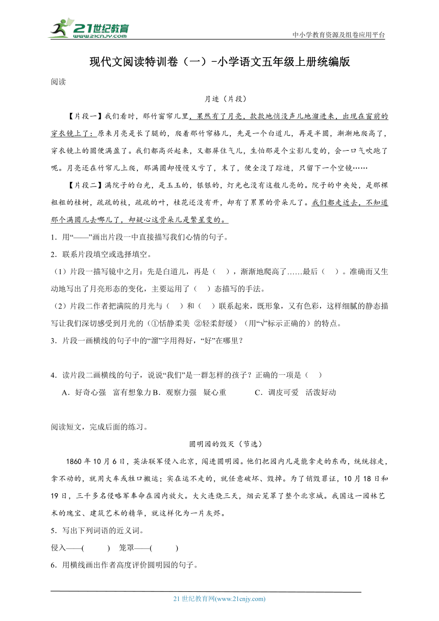 统编版小学语文五年级上册现代文阅读特训卷（一）（含答案）