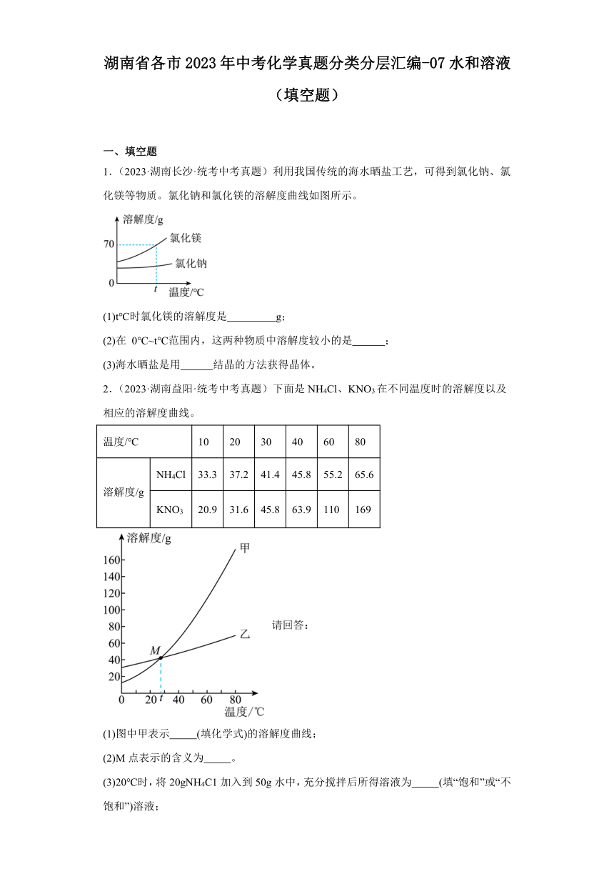 湖南省各市2023年中考化学真题分类分层汇编-07水和溶液（填空题）（含解析）