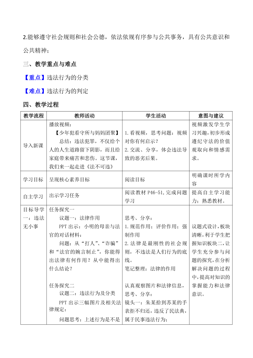 （核心素养目标）       5.1法不可违 教学设计 （表格式）