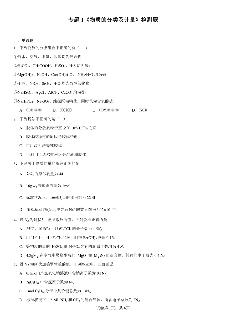 专题1《物质的分类及计量》检测题（含解析）2023-2024学年上学期苏教版（2019）高一化学必修第一册