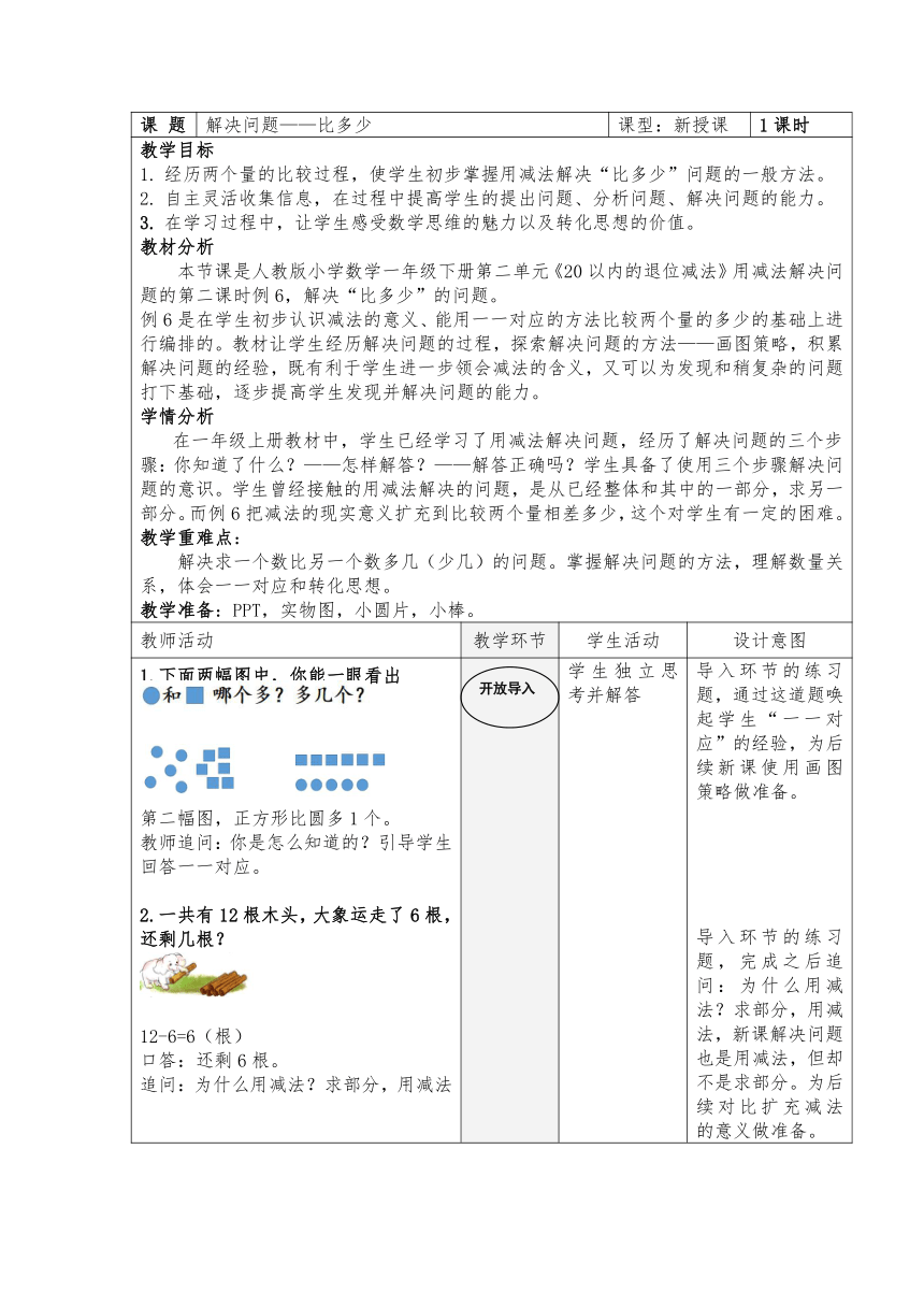 《比多少》教案（表格式）一年级上册数学人教版