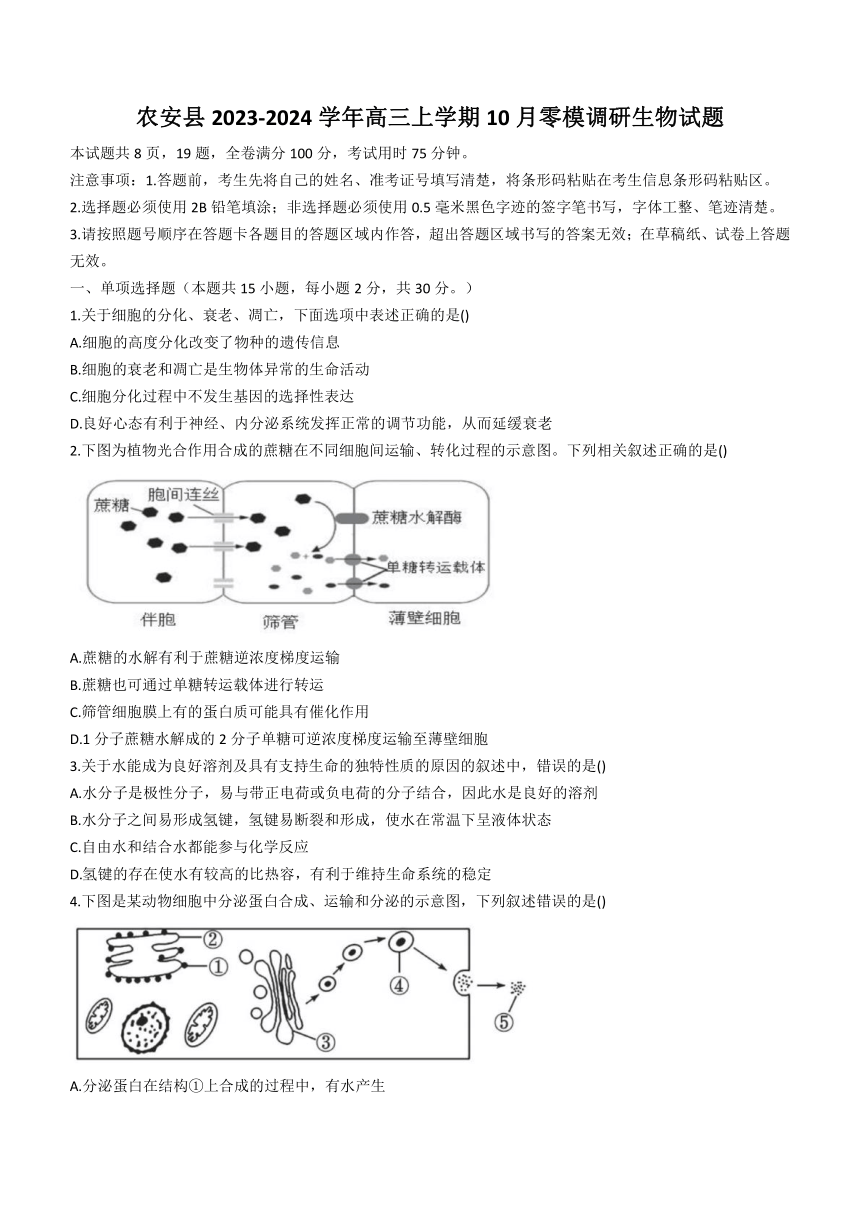 吉林省长春市农安县2023-2024学年高三上学期10月零模调研生物学试题（含解析）