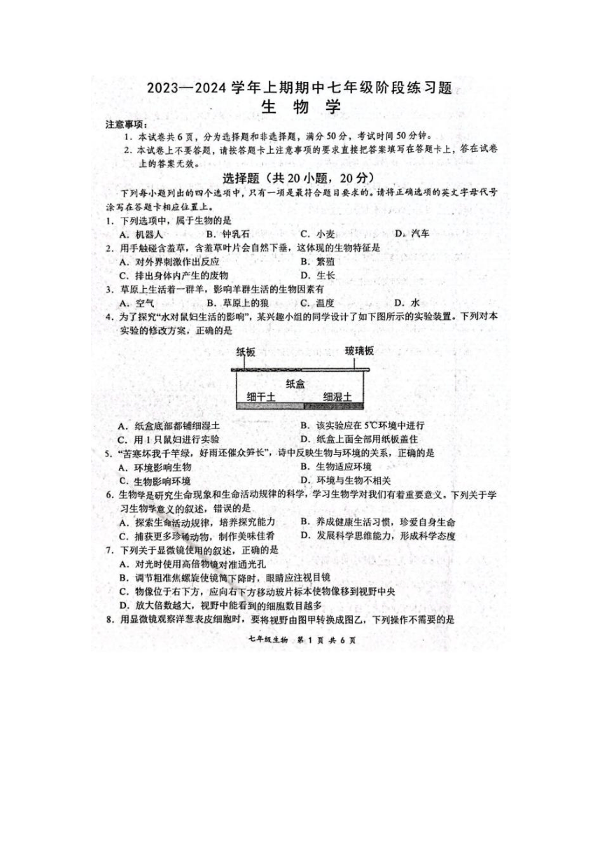 河南省周口市西华县2023-2024学年七年级上学期期中生物试题（图片版含答案）