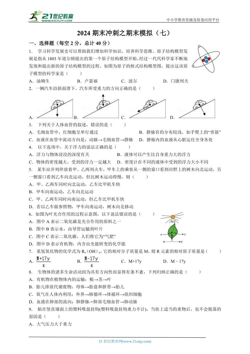 2023-2024年华师大版八上科学期末冲刺之期末模拟（七）（含答案）