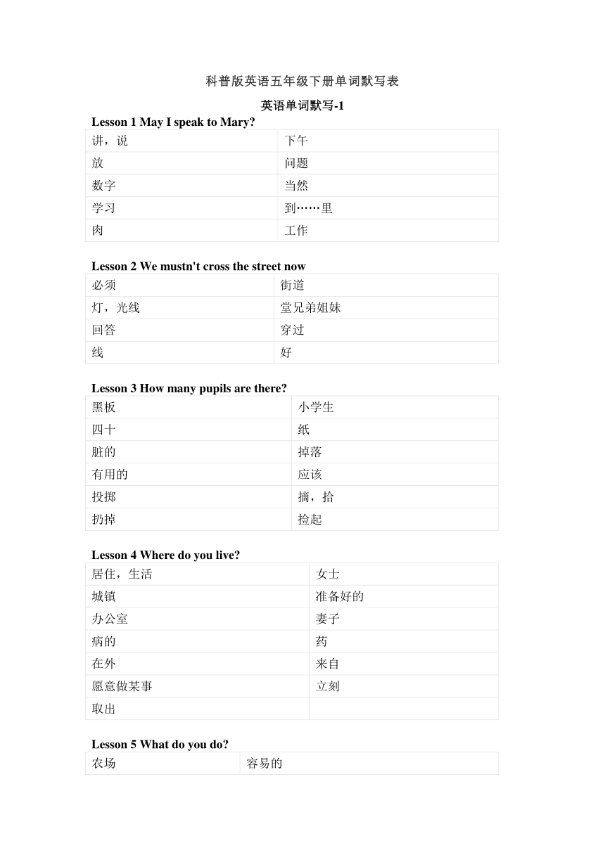 科普版英语五年级下册单词默写表