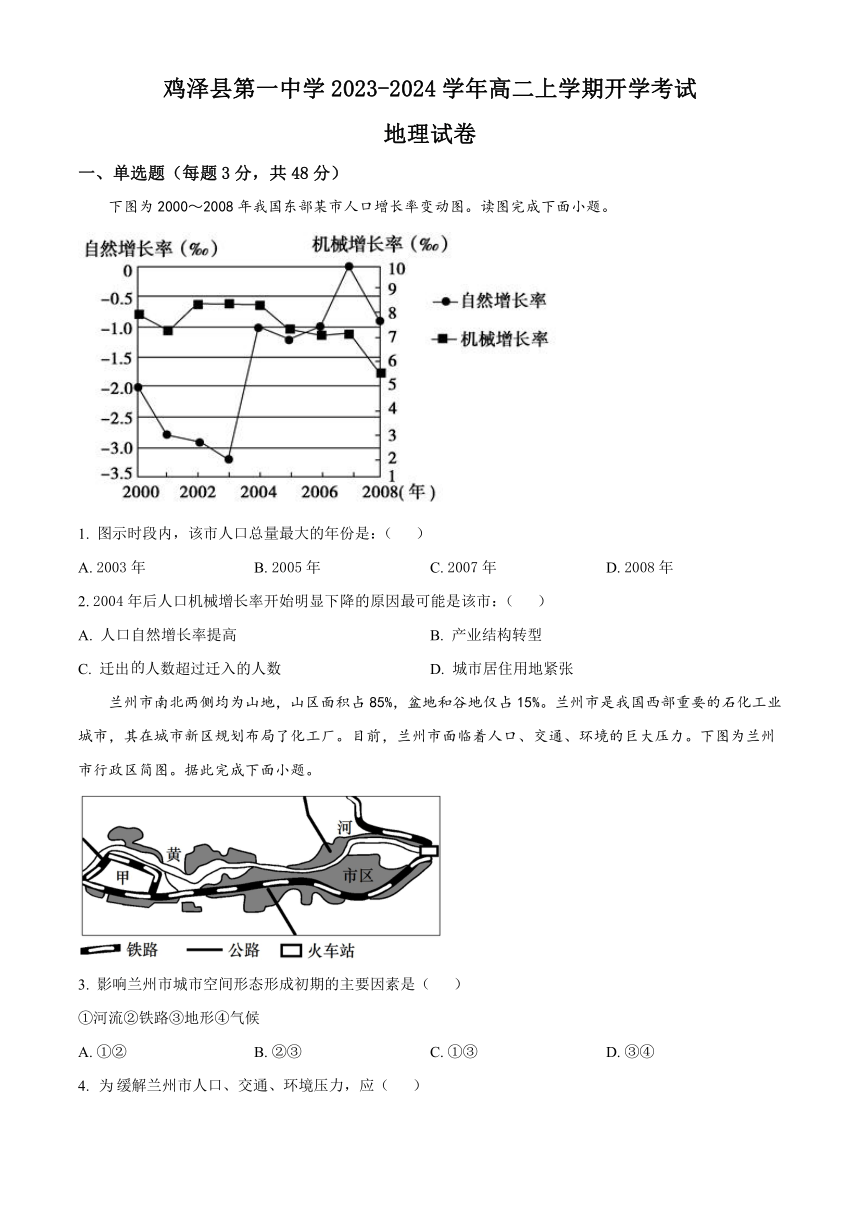 河北省邯郸市鸡泽县第一中学2023-2024学年高二上学期开学考试地理试题（解析版）