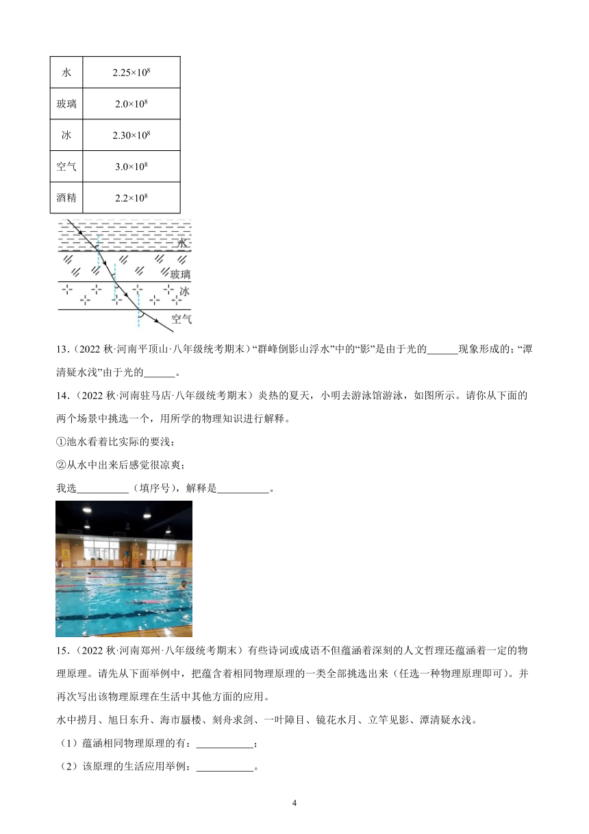 4.4 光的折射 同步练习（含解析） 2022－2023学年上学期河南省各地八年级物理期末试题选编