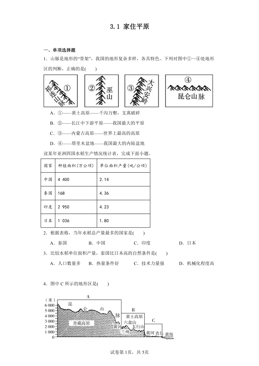 3.1 家住平原 提升练习--2023-2024学年浙江省人教版人文地理七年级上册（含解析）