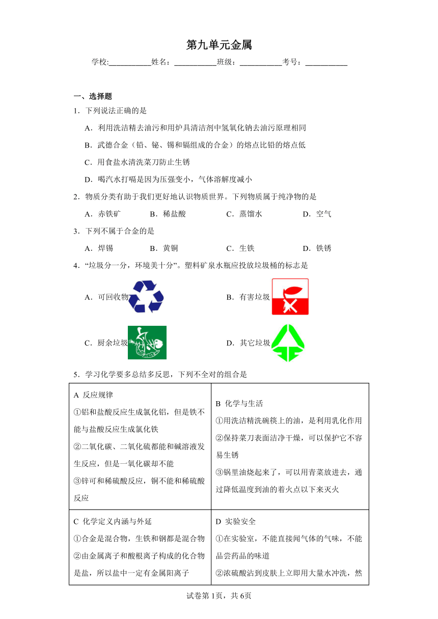 第九单元金属同步练习 （含答案） 鲁教版化学九年级下册