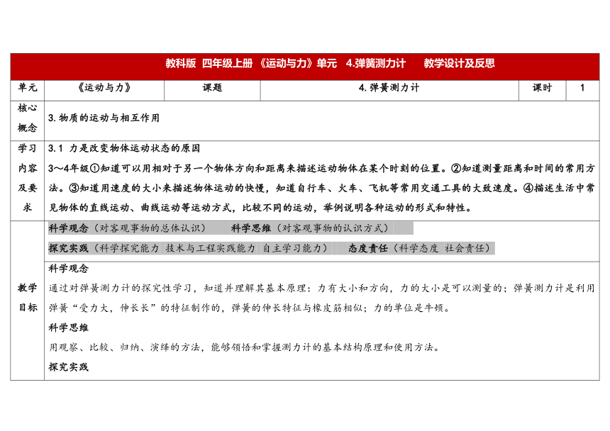 教科版四年级科学上册 3-4《弹簧测力计》（表格式教案）