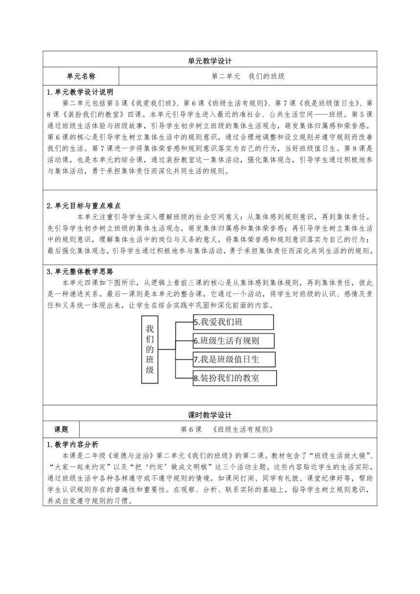 统编版道德与法治二年级上册2.6《班级生活有规则》 教学设计（表格式）