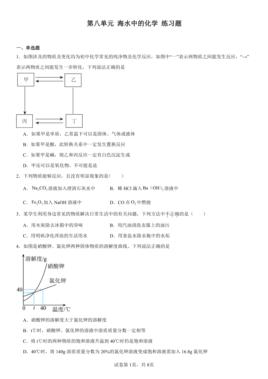 第八单元海水中的化学练习题（含解析）2023-2024学年九年级化学鲁教版下册