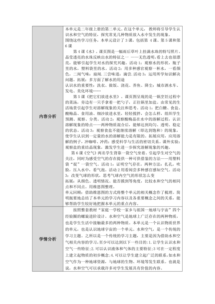 人教版鄂教版小学科学二年级上册二单元《水和空气》单元备课（表格式）