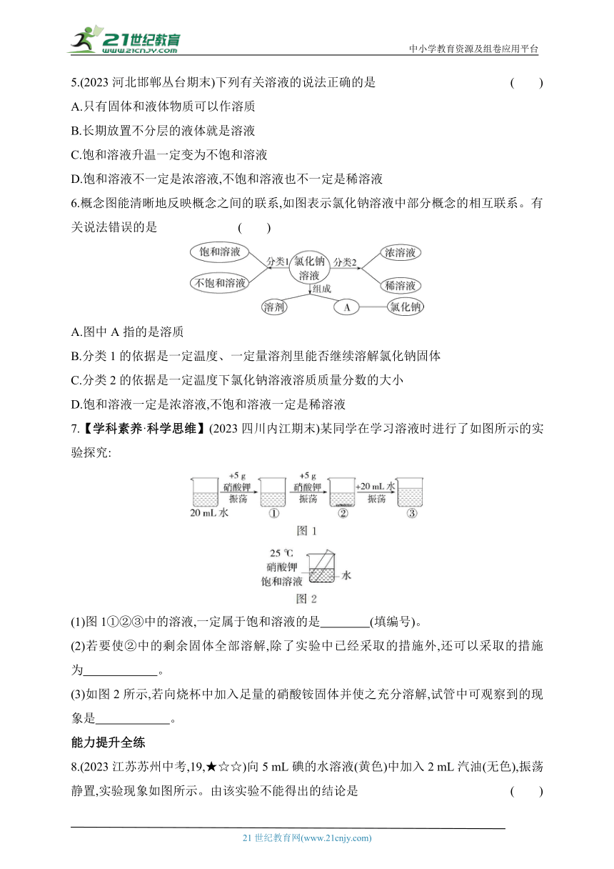 2024沪教版化学九年级下学期课时练--第1课时　影响物质溶解性的因素　饱和溶液