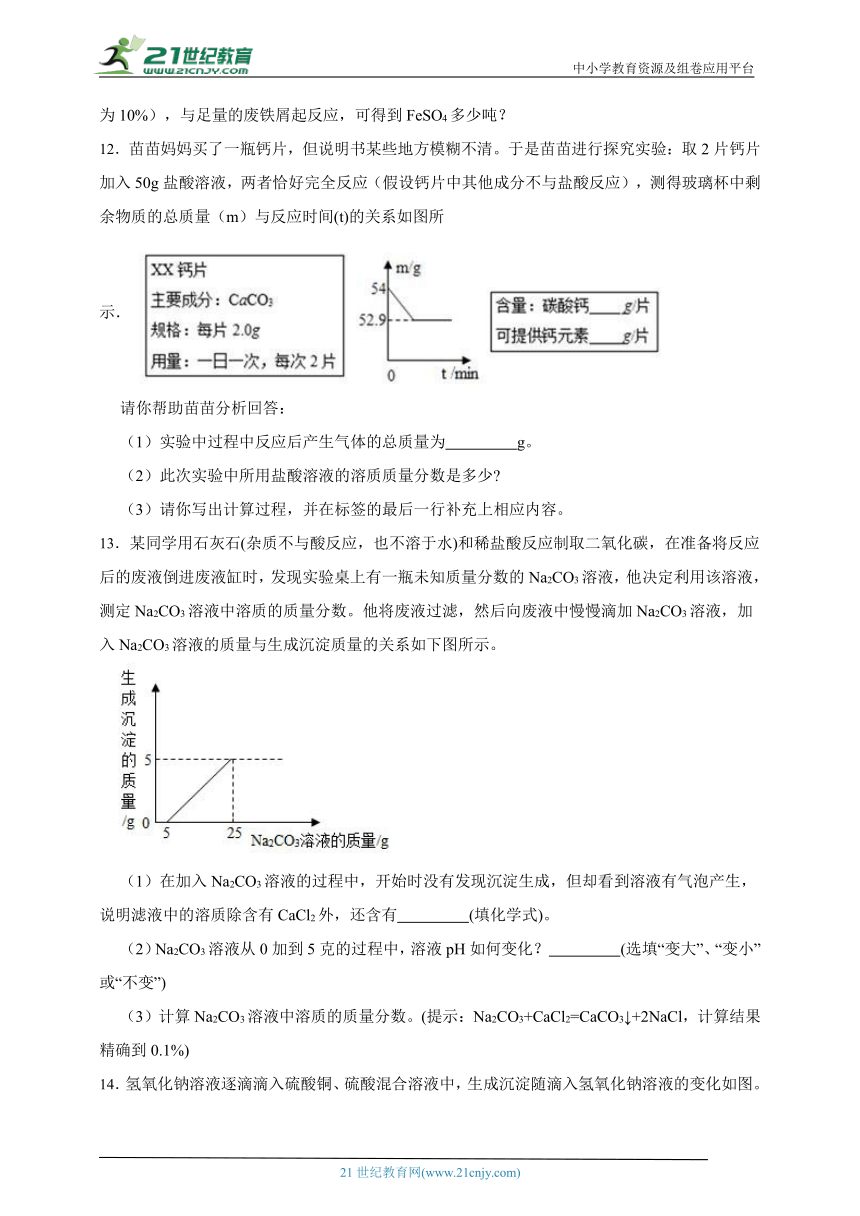 浙教版九上科学期末复习专题：第1章 物质及其变化优生突击训练3（解答题）（含答案）