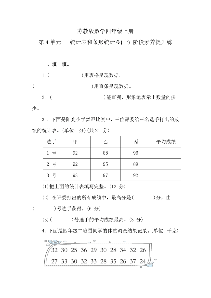 苏教版数学四年级上册 第4单元   统计表和条形统计图(一) 阶段素养提升练 （含答案）