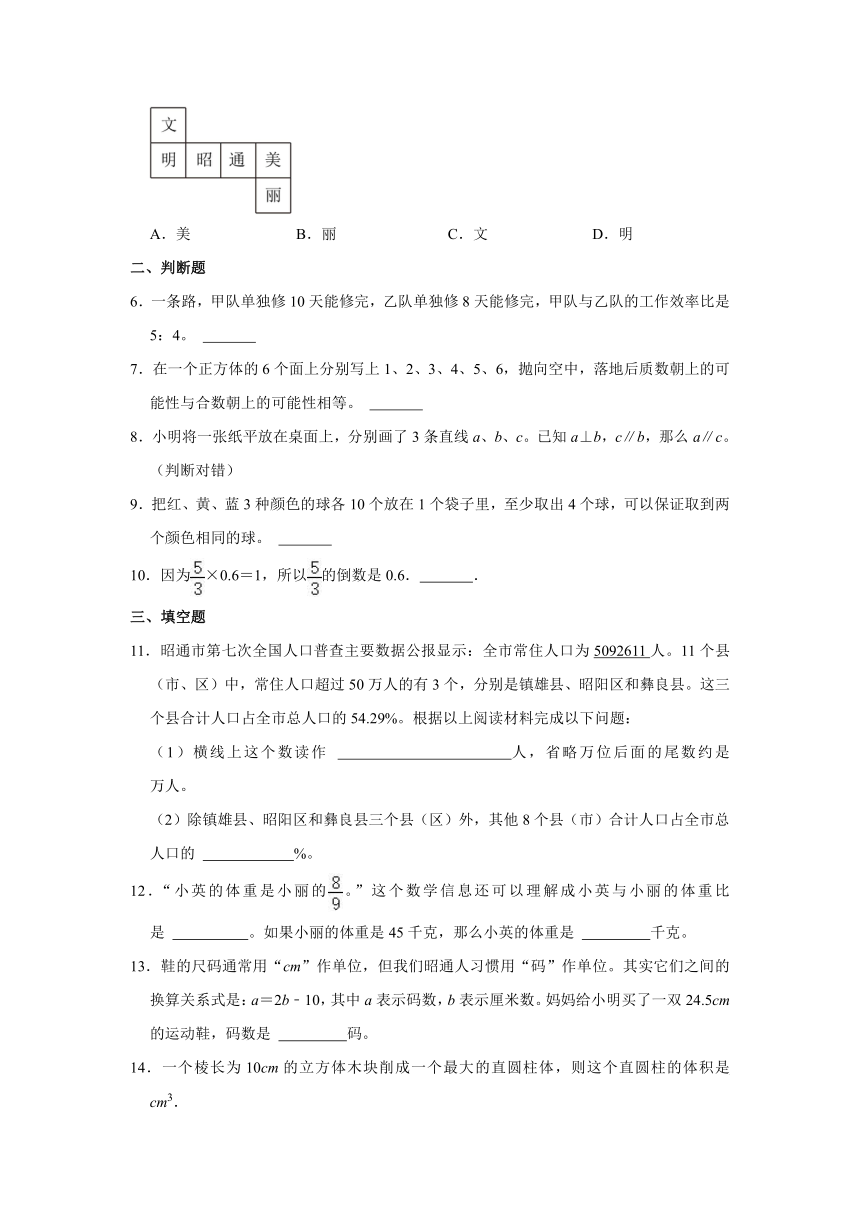 人教版2023年云南省昭通市小升初数学试卷（含答案）