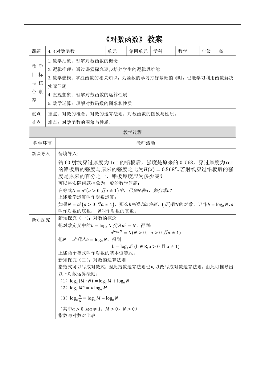 4.3对数函数 教案（表格式） 2023-2024学年湘教版（2019）高中数学必修第一册