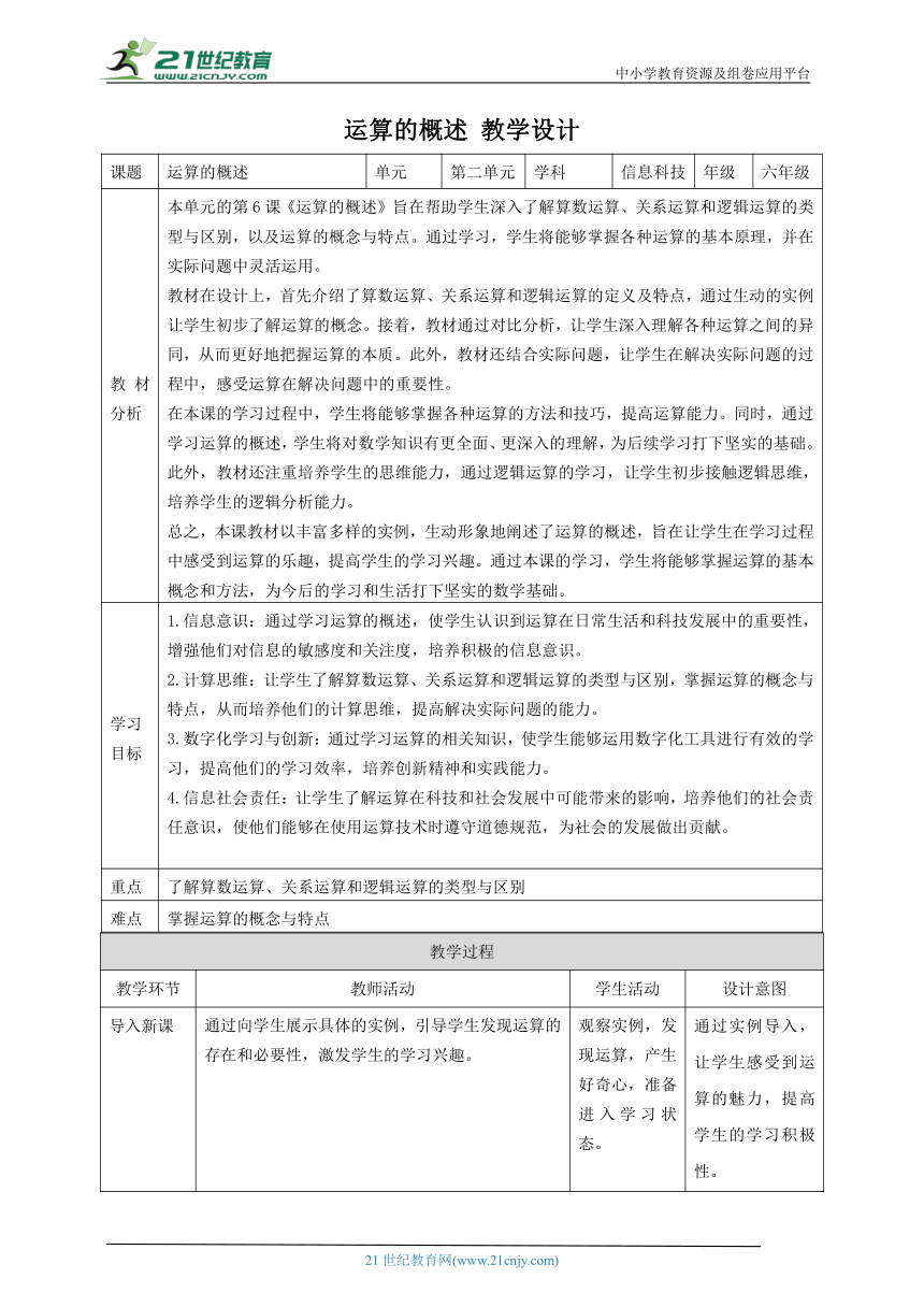 第6课 运算的概述 教案2 六下信息科技赣科学技术版