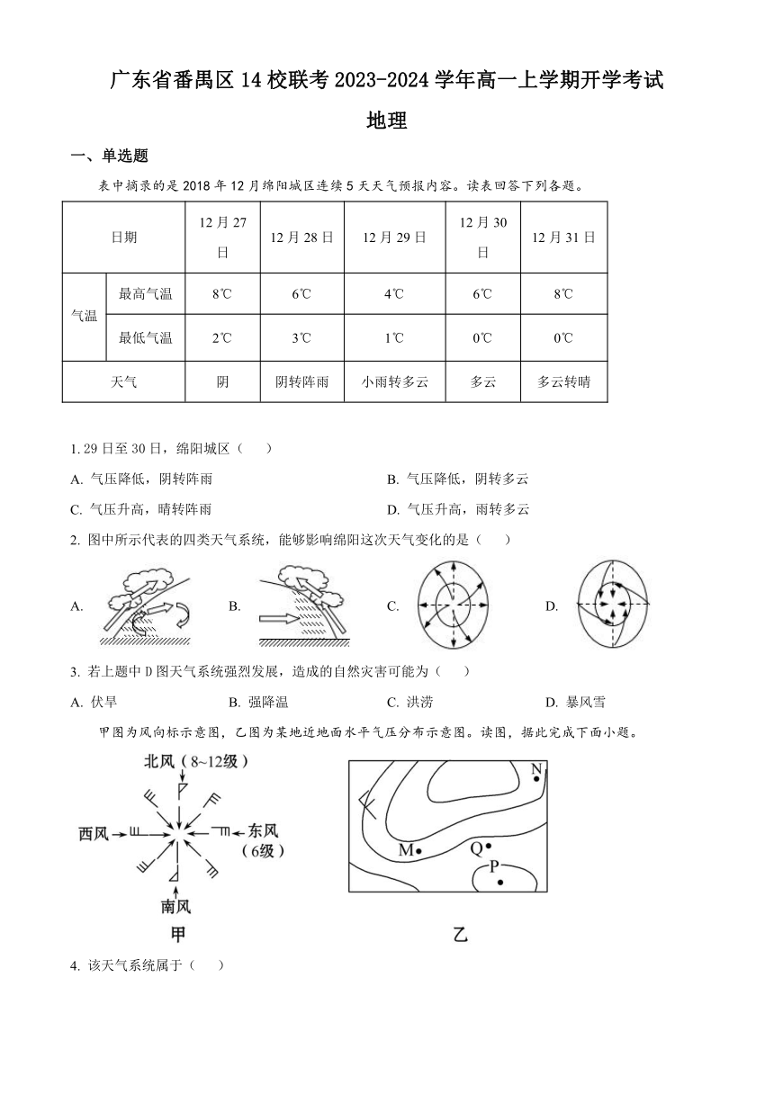 广东省番禺区14校联考2023-2024学年高一上学期开学考试地理试题（解析版）