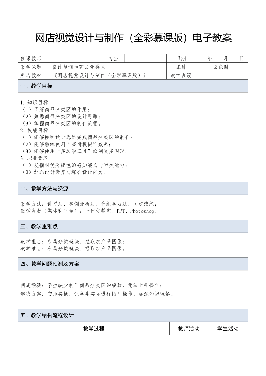 中职《网店视觉设计与制作》（人邮版·2023） 课题23 设计与制作商品分类区 教案（表格式）