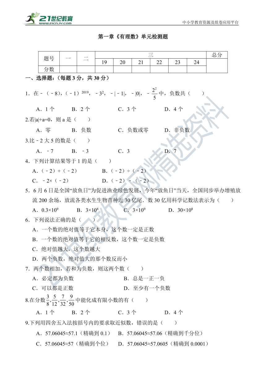 第一章 有理数 单元测试题（含答案）   2023-2024学年人教版七年级数学上册