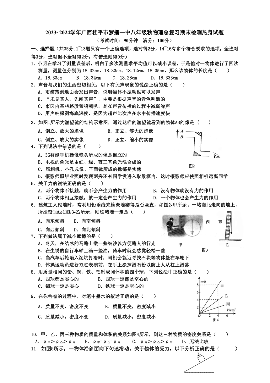 广西贵港市桂平市罗播乡中学2023-2024学年八年级上学期期末物理检测试题（含解析）