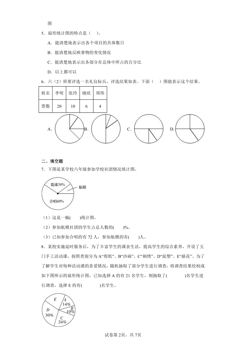 5.1扇形统计图课堂巩固练-北师大版数学六年级上册（含答案）