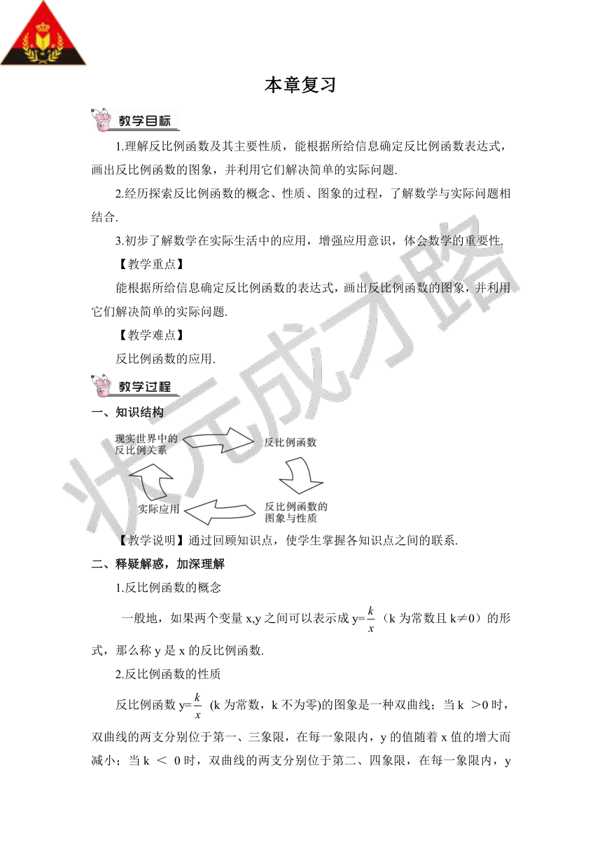 【高效备课】北师大版九(上) 第6章 反比例函数 本章复习 教案