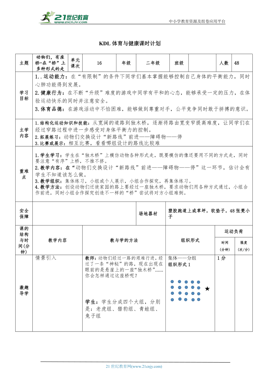 二年级体育2-16看，动物们，有座桥-在“桥”上多种形式的走 大单元课时教案