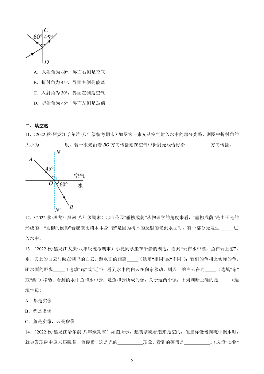 4.4 光的折射 同步练习（含解析） 2022-2023学年上学期黑龙江省各地八年级物理期末试题选编