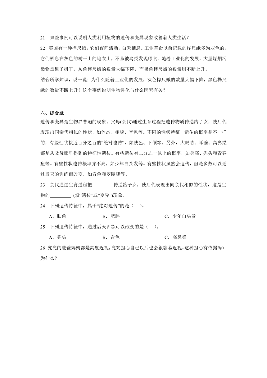 六年级科学上册大象版第四单元 遗传和变异（单元测试）（含解析）