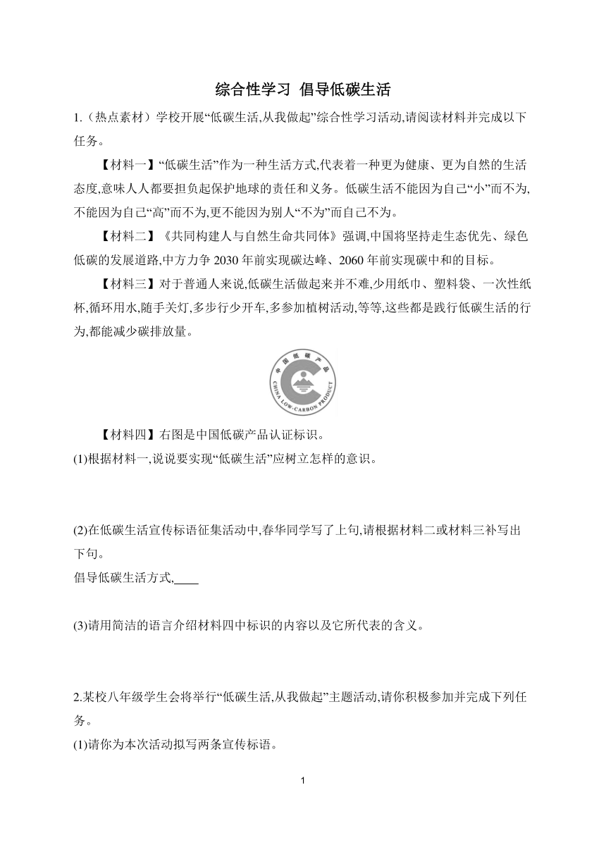 2023-2024学年语文统编版八年级下册课时提高练 第二单元综合性学习 倡导低碳生活（含答案）