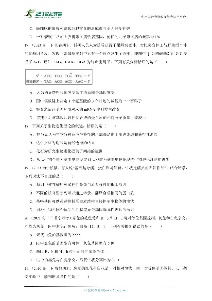 浙科版（2019）高中生物必修2遗传与进化期末测试题综合必刷题(含解析）