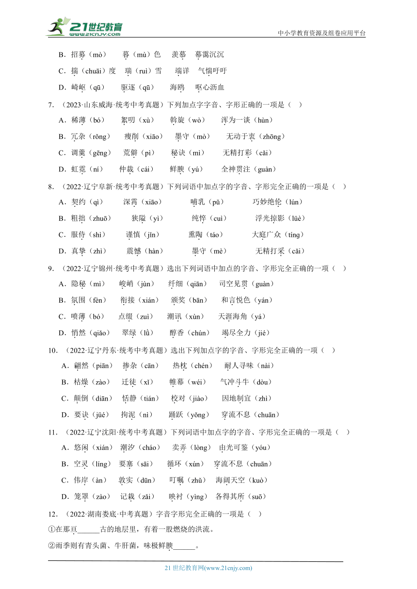 2021-2023年中考语文三年真题分类汇编（全国版）2字音字形 试卷（含答案解析）