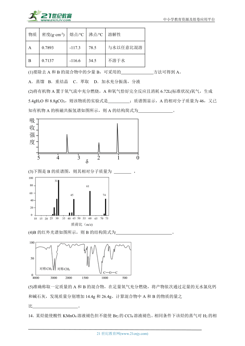 人教版（2019）高中化学选择性必修3 1.2研究有机化合物的一般方法同步练习(含答案）