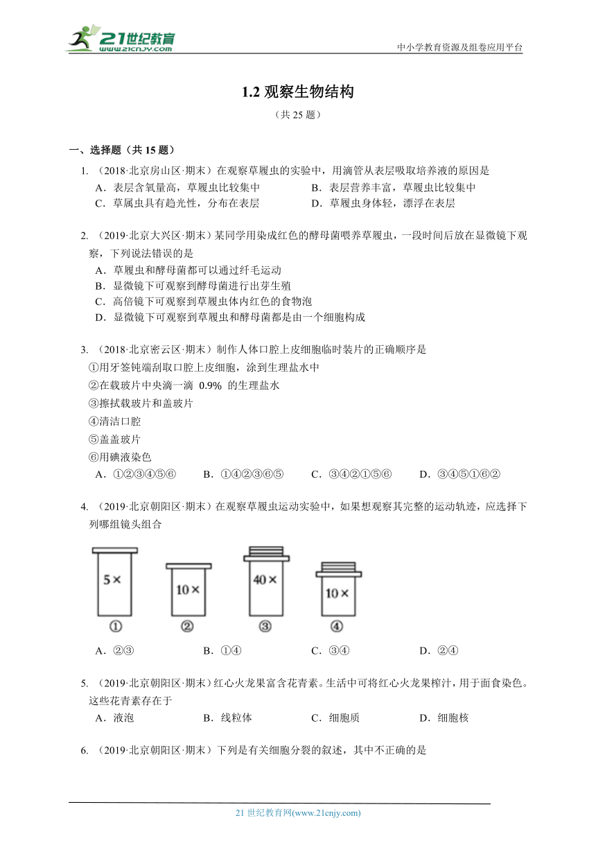 2023-2024学年初中生物济南版七年级上册1.2观察生物结构章节同步练习（答案+解析）