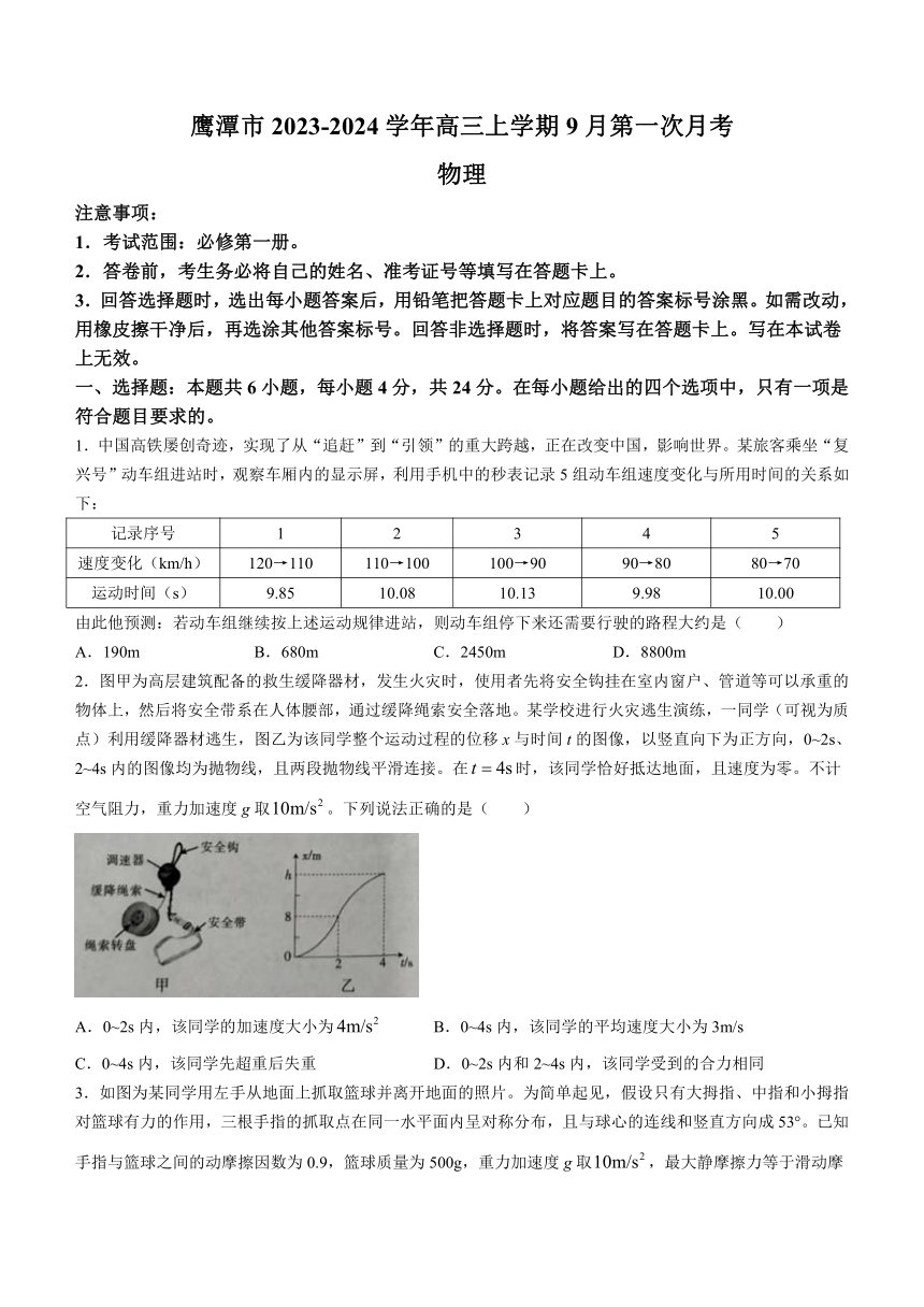 江西省鹰潭市2023-2024学年高三上学期9月第一次月考物理试题（无答案）