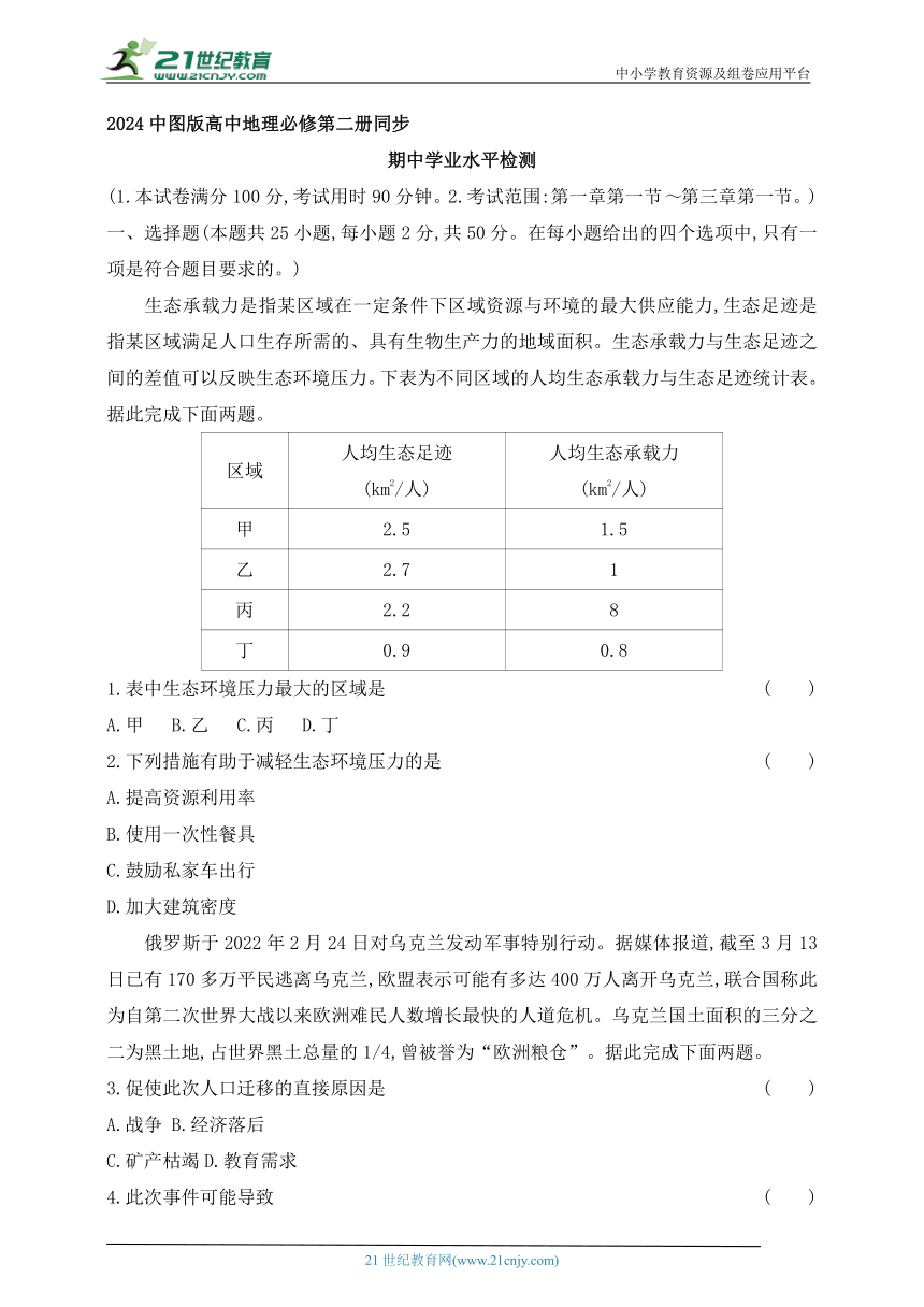 2024中图版高中地理必修第二册同步练习题--期中学业水平检测（含解析）